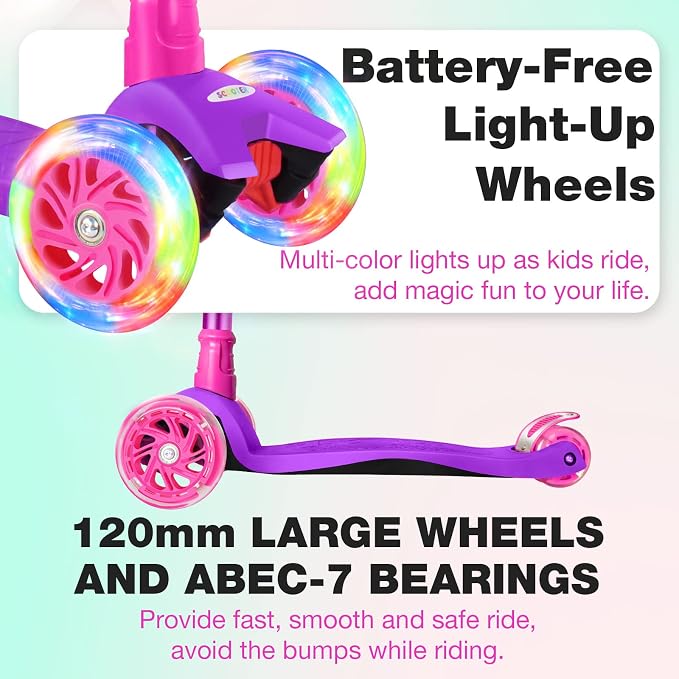 BELEEV Scooters for Kids 3 Wheel Kick Scooter for Toddlers Girls Boys, 4 Adjustable Height, Lean to Steer, Light up Wheels, Extra-Wide Deck, Easy to Assemble for Children Ages 3-12