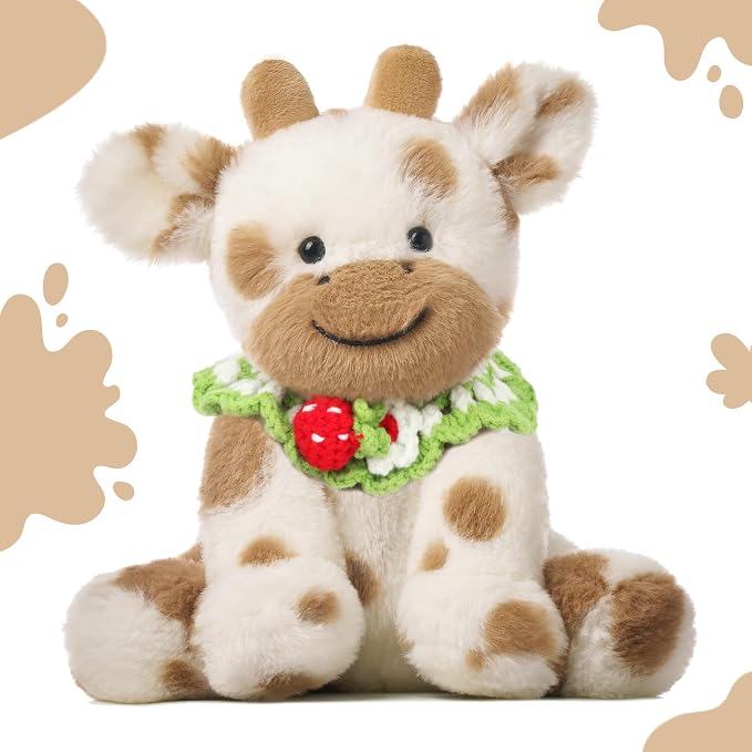 Hopearl Adorable Plush Cow Toy with Knitted Cute Strawberry Bib Floppy Dairy Cattle Soft Stuffed Animal Kawaii Gift for Boys Girls Kids Toddlers, Light Brown, 9''
