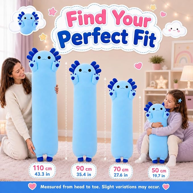 Long Axolotl Stuffed Animals 43.3, Soft Long Axolotl Plush Pillow Cute Plush Pillow Gifts for Kids Girlfriend, Blue