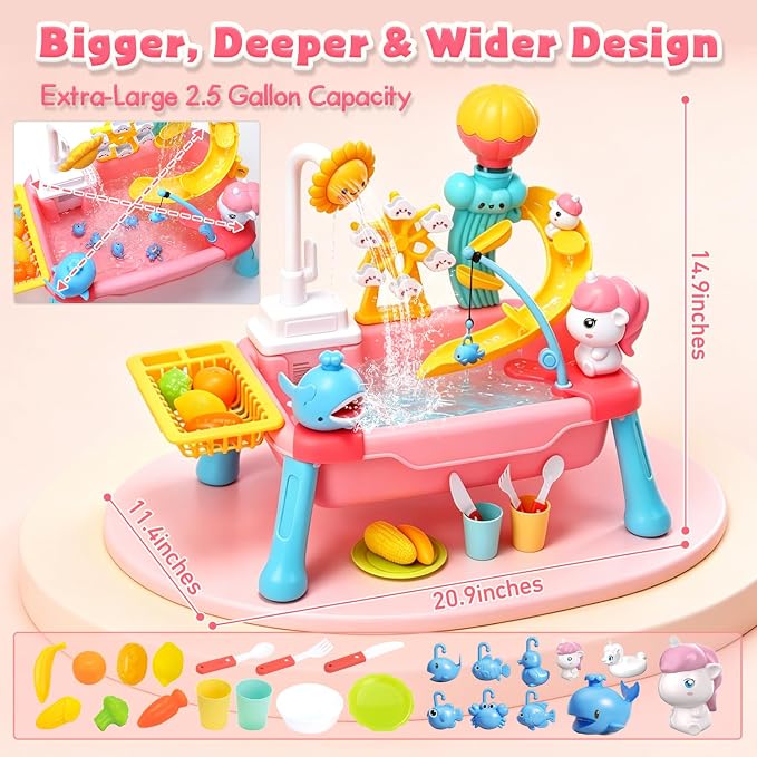 CUTE STONE Toddler Water Table for Kids, Kitchen Sink Toy with Running Water & Fishing Game,Water Play Table for Backyard Beach Pool, Summer Gifts for Boys Girls-Unicorn