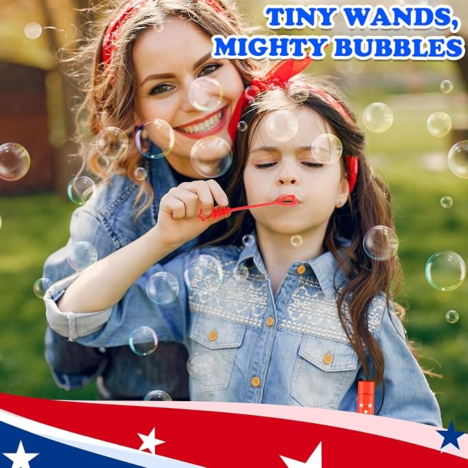 Patriotic Mini Bubbles Wands Toys Bulk 64 Pack - Party Favors Supplies for Kids, 4th of July Red White Blue Gift Prize Games Accessories Decoration for Independence Day Fourth of July Parade Throws