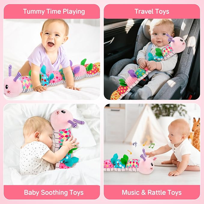 Baby Toys 0-12 Months, Caterpillar Musical Plush Stuffed Toy for Infant, Animal Soft Rattle Sensory Toys with Teether for Tummy Time, Newborn Boy& Girl Shower Birthday Christmas Valentines Gift