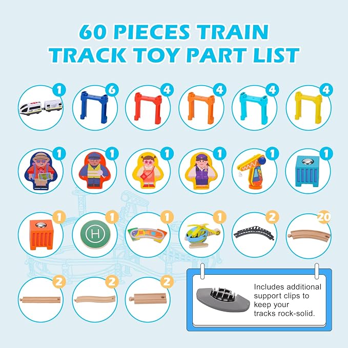 60Pcs Wooden Train Track Set, 203-inch Track Length, Train Bridge Toy Set for Toddlers, Scenario Building Blocks Toddler Toys with Airplane and Magnetic Crane, Birthday Gift Ideas for Boys and Girls