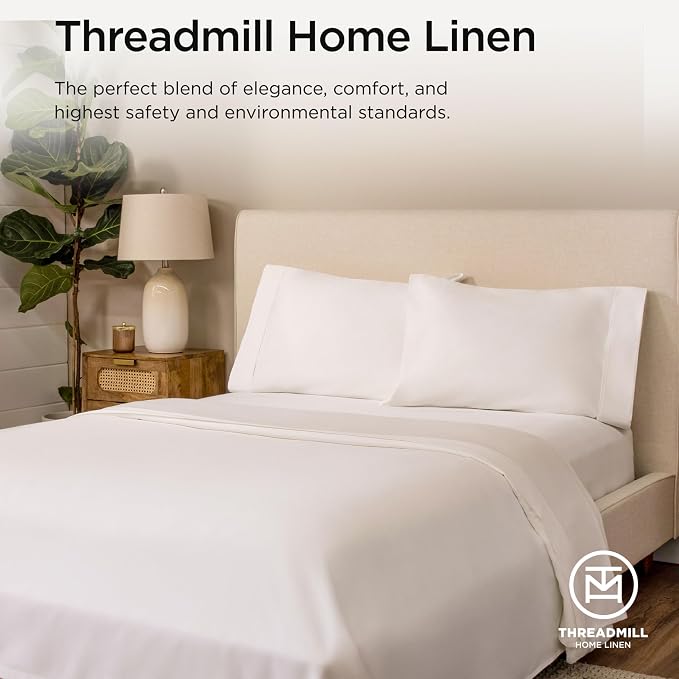 Threadmill 100% Cotton Sheets for Queen Size Bed - 600 Thread Count Queen Bed Sheets Set with 16” Deep Pocket - Sateen Weave 4-Piece Bedding Set with Cooling Effect, White