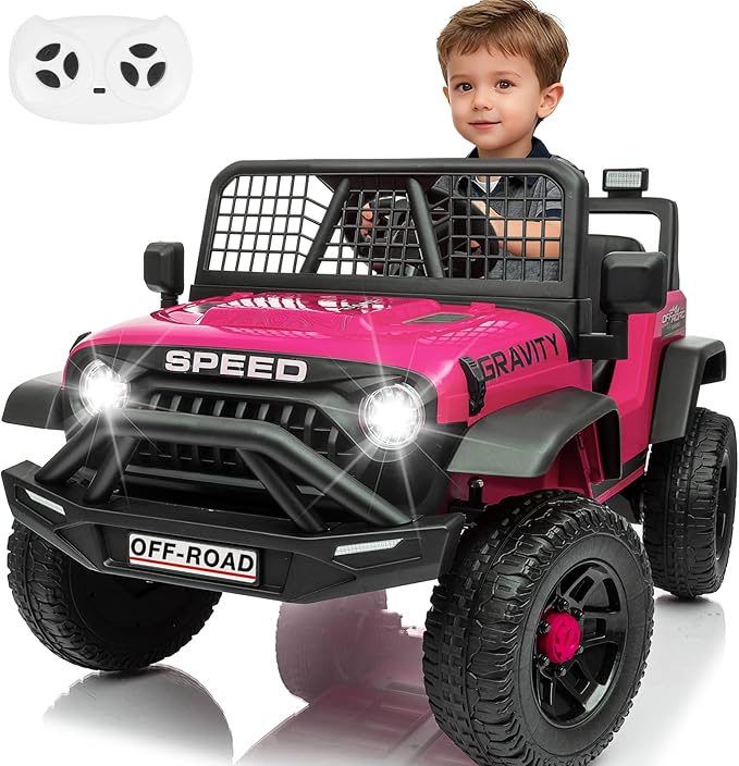 24V Jeep Power Wheels w/Remote Control, 4WD Ride on Truck Car, 3 Speed, Bluetooth Music, Wide Seat, Spring Suspension, LED Light, Birthday for Boys Girls Toddler (Rosered)