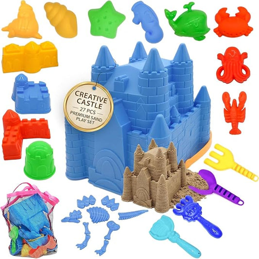 SupMLC Beach Toys, 27 Pcs Sandbox Toys for Kids, Sand Castle Building Kit, Sand Buckets, Collapsible Mesh Bag, Shovels, Dinosaur Molds – Travel Sand Toys for Boys Girls Age 3-10 Beach Accessories