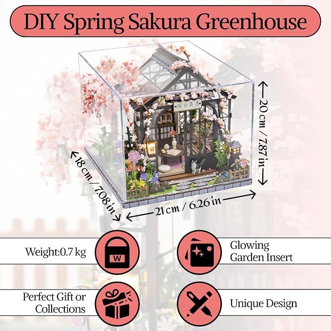 MINORIA Sakura Greenhouse DIY - Miniature House Building Kit-3D Wooden Cherry Blossom Dollhouse with Acrylic Dust Cover - LED Light