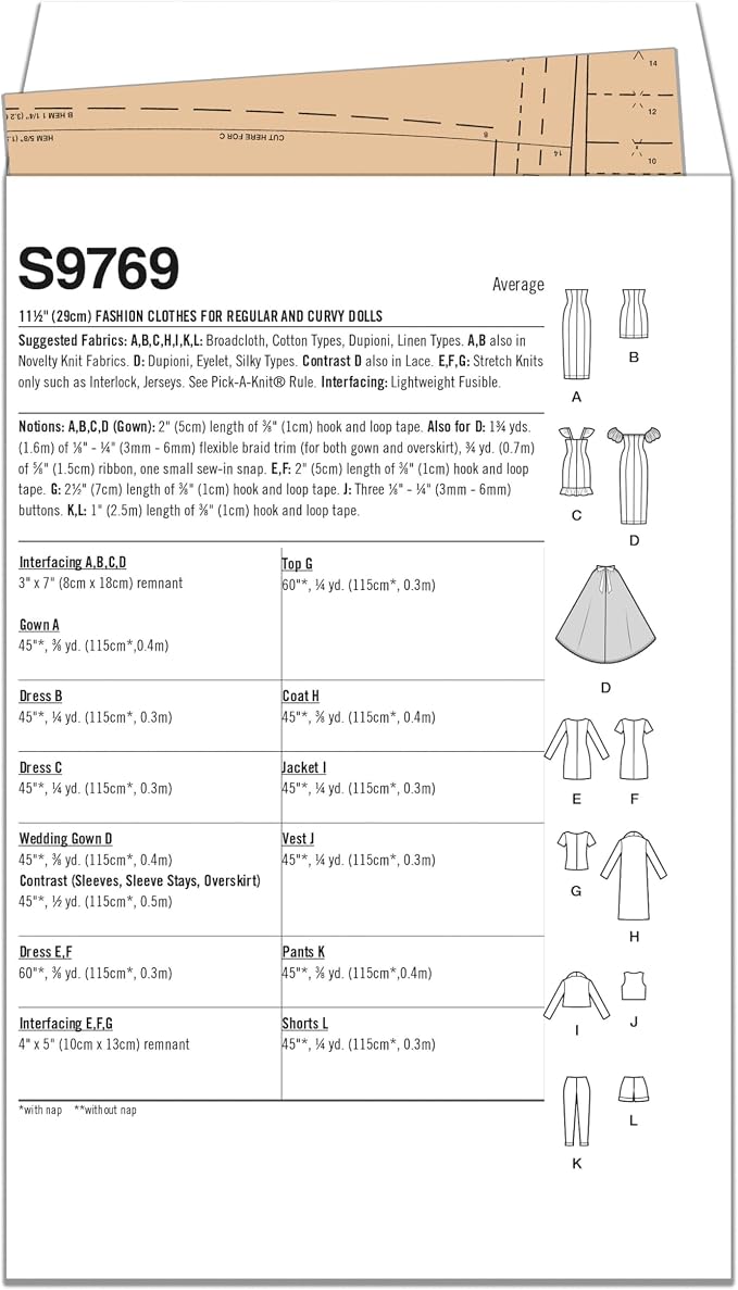 Simplicity SS9769A 11.5" Fashion Clothes for Regular and Curvy Size Dolls Sewing Pattern Packet by Andrea Schewe Designs, Code S9769, for 11.5 Inch Dolls
