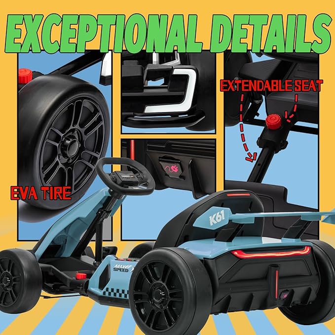 KerryYoo K61 Go Kart Electric Drift Kart with Length Adjustable Seat, 24V Outdoor Ride on Toy with 4 Speed Mode, Crazy Kart for Kids 6-12 Years Old, Fast 300W Motor, 8.5 MPH, Bluetooth - Blue