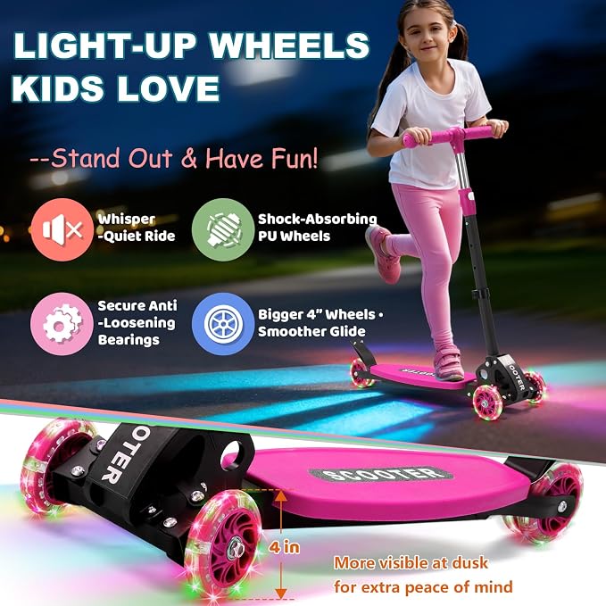Kids Kick Scooter, Kick Scooter for Kids 2-7 Age, Light up 3 Wheels Kick Scooter, Heavy Duty Folding Lean-to-Steer Scooters with 3 Adjustable Handlebar for Boys Girls Blue