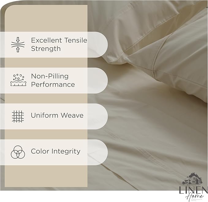 Linen Home 100% Cotton Percale Sheets Twin XL Size, Light Taupe, Deep Pocket, 3 Pieces Set- 1 Flat, 1 Fitted and 1 Pillowcase, Crisp Cool and Long Staple Strong Bed Linen