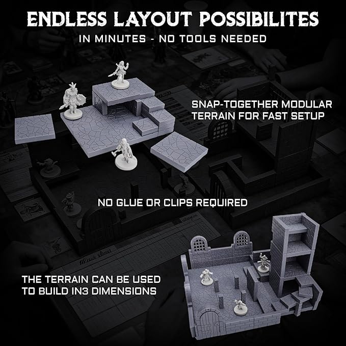 CZYY Magnetic Dungeon Tiles, 58 PCS Modular Terrain Set for RPGs, Basic Set | Double-Sided Texture, Paintable Gray Plastic, Quick Build 3D Battle Maps, Fits 25-32 mm Miniatures, Gift for DM & RPG Player