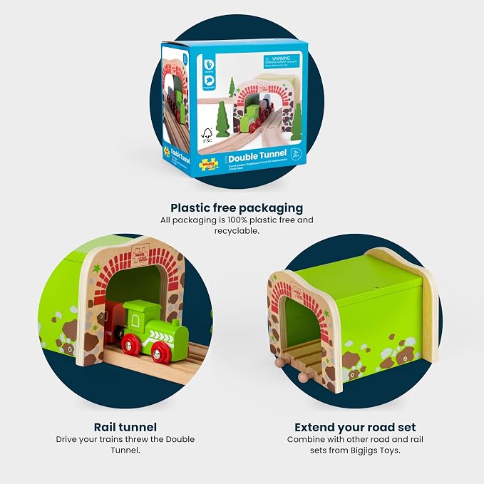 Bigjigs Rail Double Tunnel - Other Major Wooden Rail Brands are Compatible