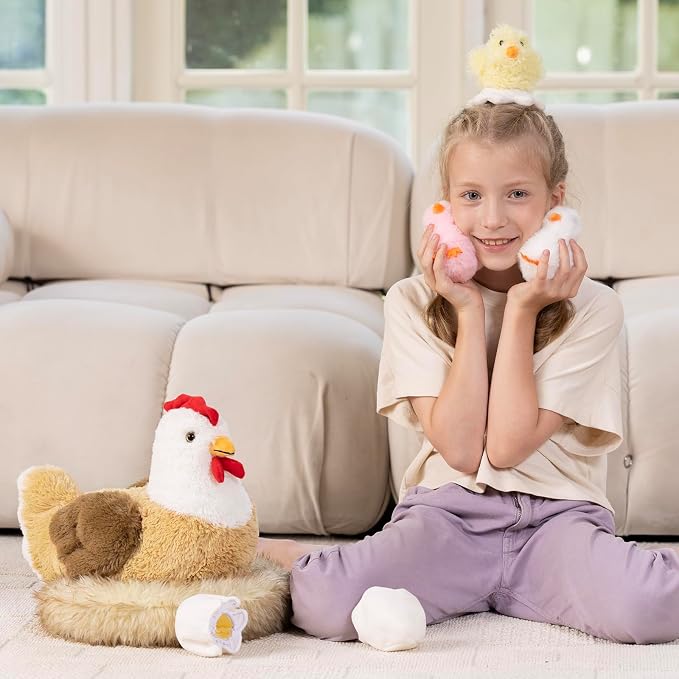 7Pcs Chicken Stuffed Animals, Stuffed Hen Plush with Baby Chicks & Eggs, Nest Hen Coop Plush Toy Set for Kids, Soft Stuffed Farm Animal Plushie for Birthday Christmas Easter Gift, 14"