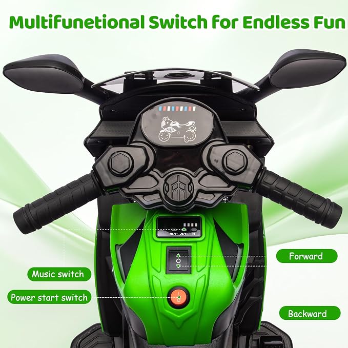 Kids Ride On Motorcycle, 6V Battery Powered Electric Motorcycle, w/Treaded Tires, Horn, Working Headlight, Music, Training Wheels, Stable Ride On Toys for Kids Toddler Boys Girls 3-6, Green