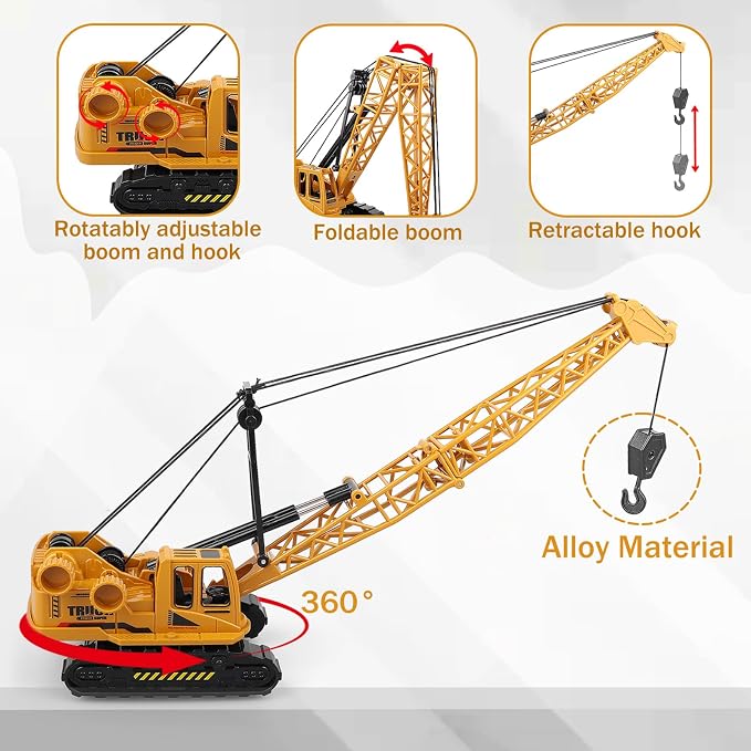 Metal ABS Crane Toy, Diecast Construction Vehicles Crane Model Car with Manual Lifting Button, Truck Building Toys for Kids Boys Ages 3-7, 8-12 Christmas and Birthday Gifts