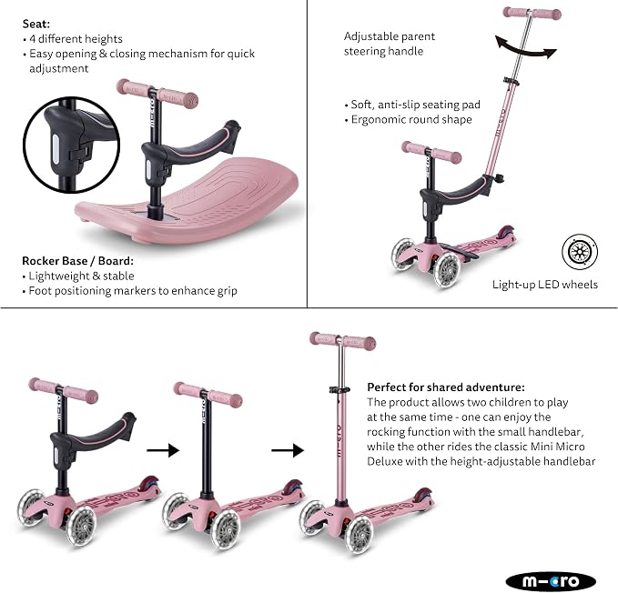 Micro Kickboard | Mini Rock & Go LED 6-in-1 Toddler Scooter & Rocker for Ages 1–6 | Convertible Ride-On, Rocker & Scooter | Motion-Activated PU LED Wheels | Adjustable T-Bar | Swiss Design