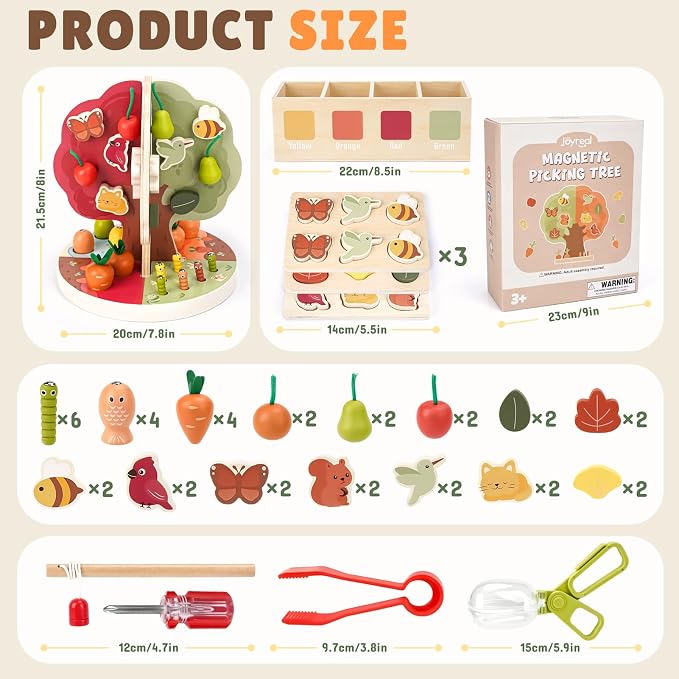 Joyreal Montessori Toys for 3-5 Year Old - 9-in-1 Wooden Magnetic Apple Tree Toy with Radish Pulling Fishing Game, Fine Motor Skills Sensory Educational Toy for Toddlers, Preschool Gift for Boys Girls