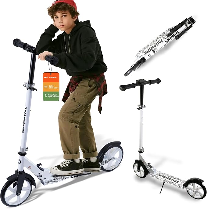 Kick Scooter for Kids Ages 6+, Teens & Adults, Adjustable Handlebars, Rear Brake, Big Wheel Foldable Scooter for Indoor & Outdoor