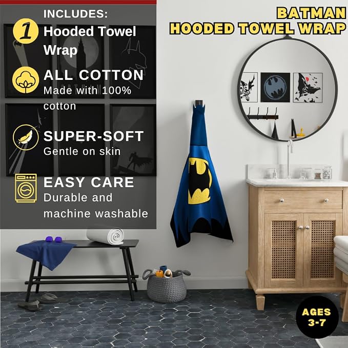 Batman DC Comics Kids Super Soft Bath/Pool/Beach Soft Cotton Terry Hooded Towel Wrap, 24 in x 50 in, (Officially Licensed Product) By Franco
