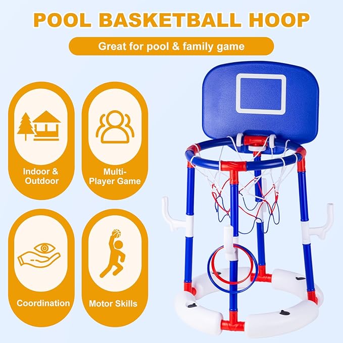 Taotuo Blue Floating Pool Basketball Hoop with Backboard, 2-in-1 Poor Toy Basketball & Ring Toss Game with 4 Balls, 6 Rings&Pump, Summer Pool Toys Outdoor Water Fun Family Party for Age 3-12