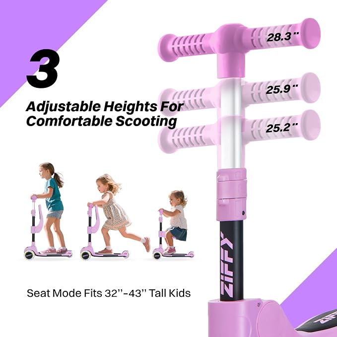 JOVA ZIFFY 2-in-1 Toddler Scooter with Seat, 3 Wheel Scooter for Kids 3-5 6-12, Foldable Light-Up Kid Scooters for Boy Girl 110 Lbs, Anti-Slip Deck, 3 Adjustable Height Handlebar, Kids Riding Toys