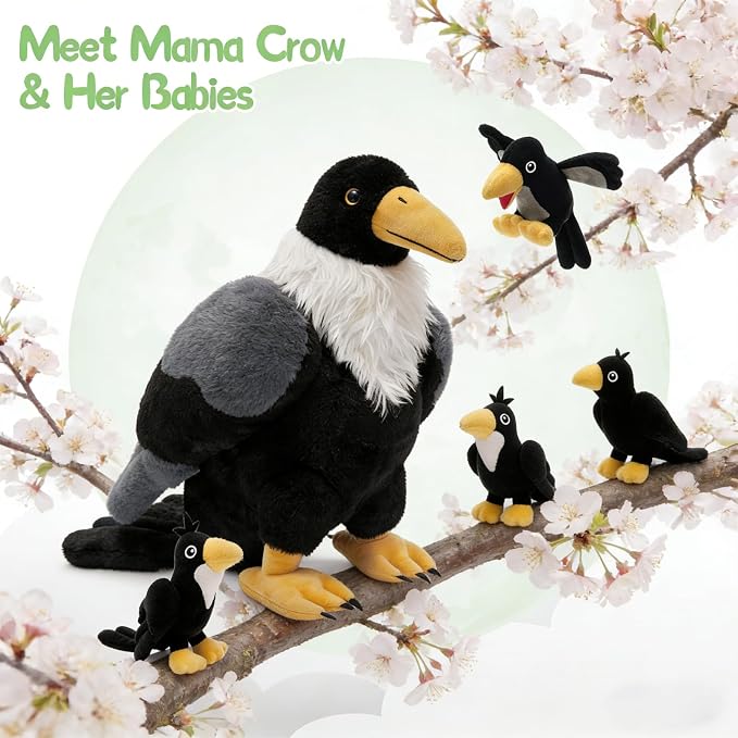 MorisMos Crow Raven Stuffed Animals, 26'' Mommy Raven Plush with 4 Baby Crow Plush Toys for Kid Girl Boy Bird Lover Christmas Birthday Gift, Realistic Black Bird Decor for Halloween Easter Baby Shower