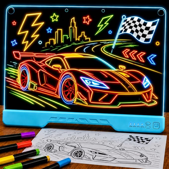 Upgraded 16” LED Drawing Board – Rechargeable, 7 Colors, 10 Light Modes, Adjustable Brightness – Acrylic Light Board for Tracing with Stand, Markers and Full Kit – Birthday Gift Set (Blue)