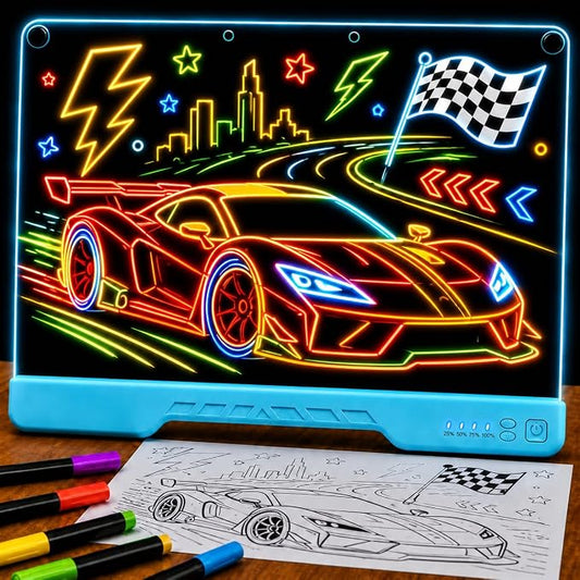 Upgraded 16” LED Drawing Board – Rechargeable, 7 Colors, 10 Light Modes, Adjustable Brightness – Acrylic Light Board for Tracing with Stand, Markers and Full Kit – Birthday Gift Set (Blue)