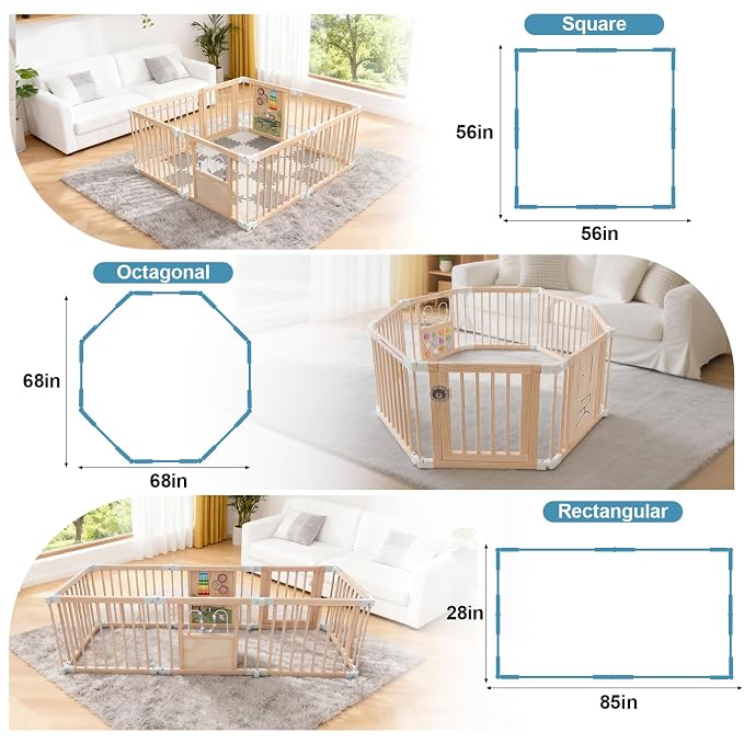 Foldable Wooden Baby Playpen with Mat, Play Yard (56 * 56 * 25 Inch) | Activity Center with Gate, Thickened Wood Adjustable, Easy to Assemble, Birthday Gift for Toddlers