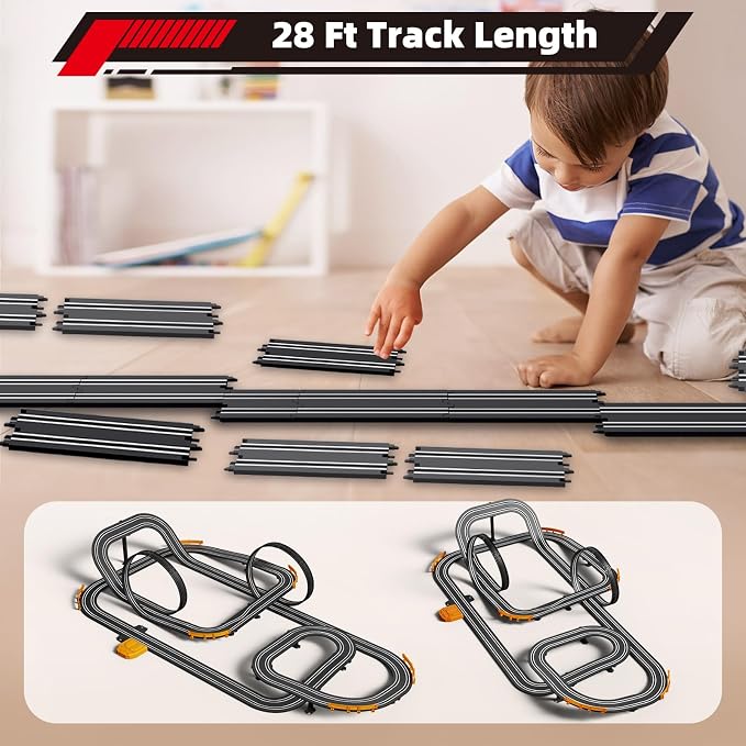 Slot Car Race Track with 4 High-Speed Racing Cars Battery or Electric Race Car Toy for Kids Boys, Dual Racing Game 2 Hand Controllers Toys for Girls Children Age 6,7,8-12 Years Old