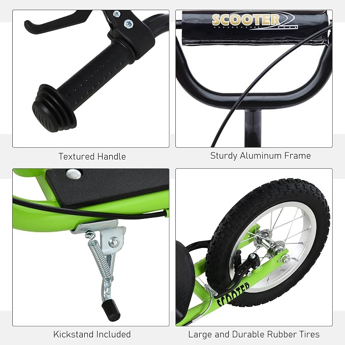 Aosom Youth Scooter Kick Scooter for Kids 5+ with Adjustable Handlebar 16" Front and 12" Rear Dual Brakes Inflatable Wheels