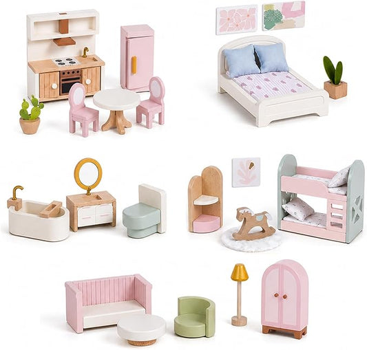 Giant bean 33PCS Wooden Dollhouse Furniture Set for Kids, Modern Pink Doll House Furniture Accessories with Bedroom, Nursery, Kitchen, Bathroom,Living Room, Montessori Pretend Play Toys for Girls 3+