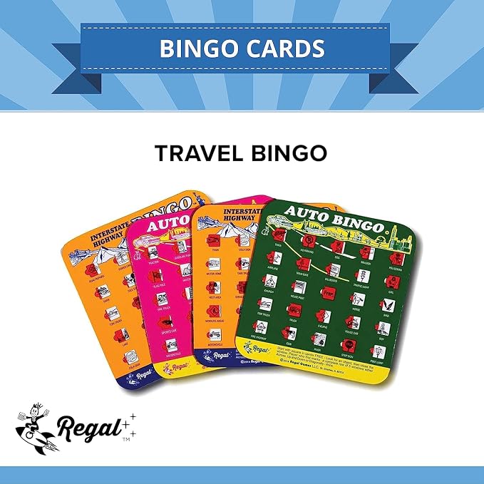 Regal Games Finger-Tip Shutter Bingo Cards with Sliding Windows - Interstate Bingo & Auto Bingo Game - Assorted Colors Travel Game Bingo Set Kids - Reusable, No Chips & Daubers Needed - 4 Packs