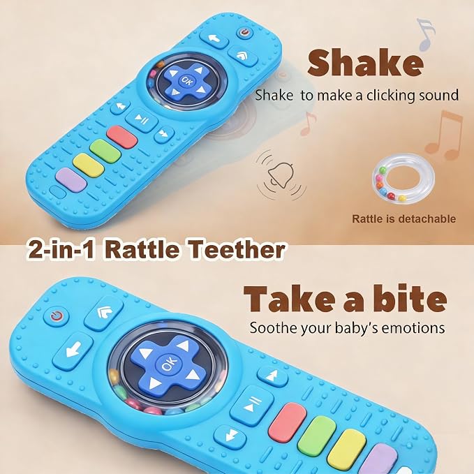 HAILI XMGQ Teething Toys for Baby, Sensory Baby Chew Toy, Rattle Ring Teether Toys for Babies 0-3-6-12 Months, Silicone TV Remote Control Shape for New Baby Gift (Blue)