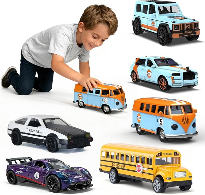 1:32 Alloy Pull Back Truck Toys for Kids, 6 Pack Die Cast Car Set with Road Map, Traffic Signs & Light, Toy Vehicle Playset, Birthday for Boys Girls Ages 3-8