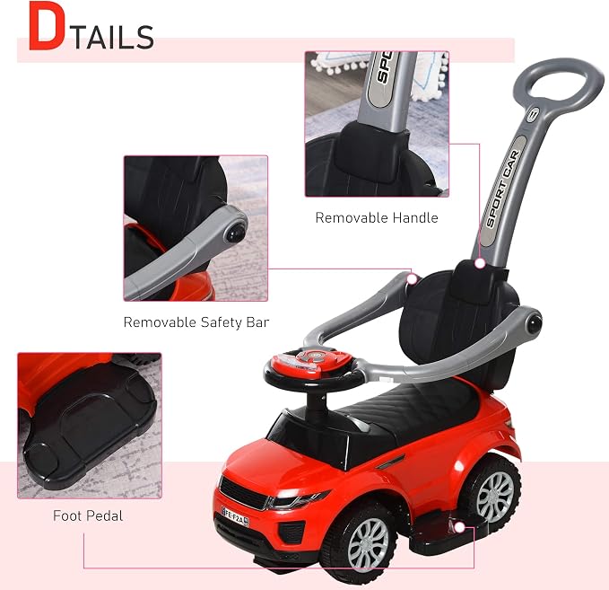 Aosom 3 in 1 Push Cars for Toddlers Kid Ride on Push Car Stroller Sliding Car with Horn Music Light Function Secure Bar Ride on Toy for Boy Girl 18-36 Months Red