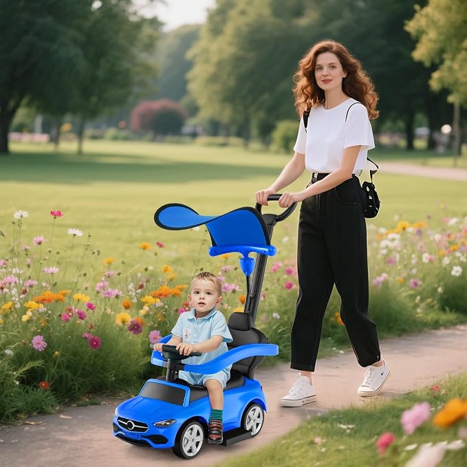OLAKIDS Push Car for Toddlers, 3 in 1 Licensed Mercedes Benz Baby Sliding Walking with Parent Control Handle Adjustable Canopy Guardrail Under Seat Storage, Kids Ride on Toys with Horn (Blue)