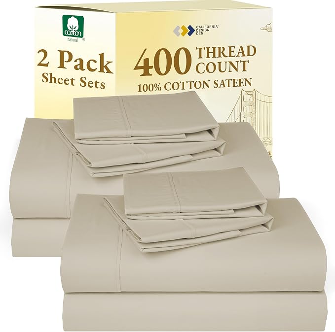 California Design Den Pack of 2 King Sheets - 400 Thread Count, Soft 100% Cotton Sateen, Deep Pocket King Size Sheet Set, Durable Bedding - Beige