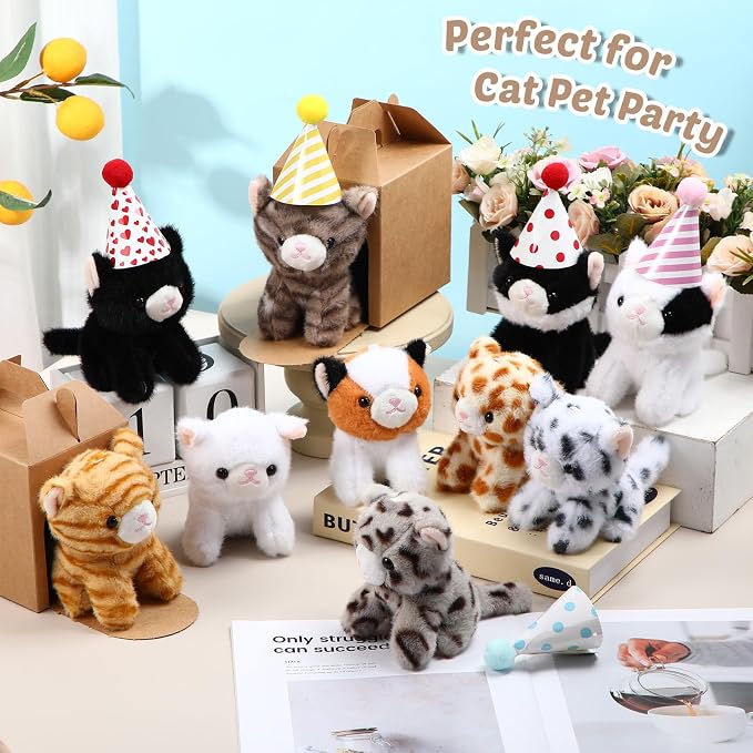 10 Set Kittens Stuffed Animals Bulk with 10 Birthday Hats 10 Kraft Paper Boxes Mini Plush Toys Small Stuffed Cat Pet Gifts for Kids, School Birthday Animal Decor(Sitting Style)