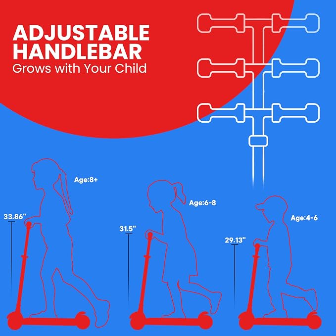 Dribbl 3-Wheel Kids Scooter - Lean-to-Steer Technology, Adjustable Height Handlebar, Anti-Slip Deck, Scooter for Boys & Girls Ages 3+, Child Safety Approved, Support Riders Up To 165 lbs, Red and Blue