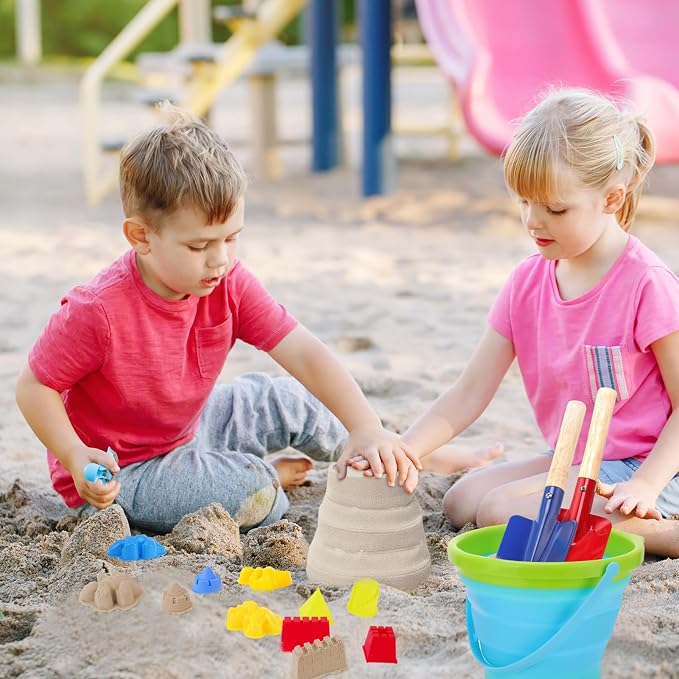 18 Pcs Beach Bucket Shovels Toys for Kids,Kids Collapsible Beach Sand Toys Sand Castle Sandbox with Long Shovel,Marine Life Castle,Sandbox with Bag for Boys Girls