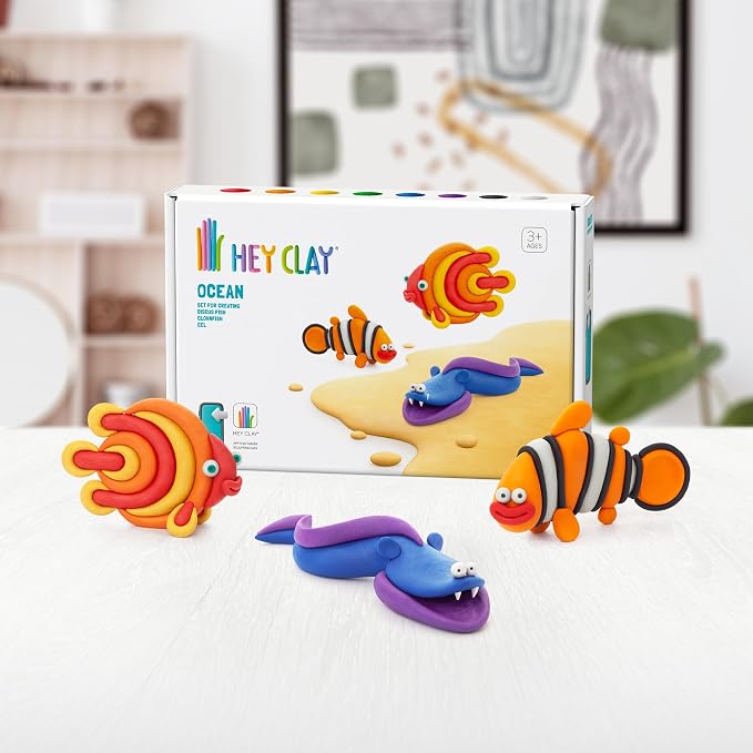 HEY CLAY Colorful Modeling Air Dry Clay for Kids 6 cans with Fun Interactive Instructions App - Kids Activities Age 3+ (Ocean: Clownfish, Discus Fish, EEL)
