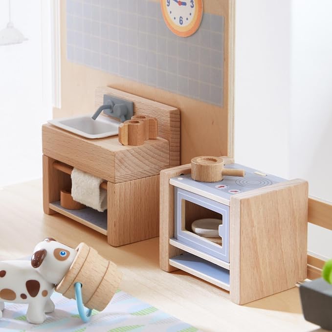 HABA Little Friends Kitchen Room Set - Wooden Dollhouse Furniture for 4" Bendy Dolls