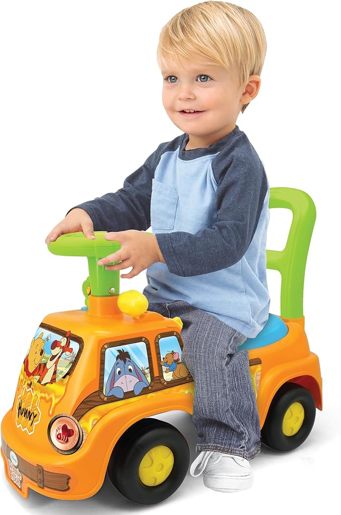 Kiddieland Winnie the Pooh Honey Van Ride-On with Lights & Sounds, Foot-to-Floor Push Car, Interactive Dashboard, Under-Seat Storage, for Toddlers 12–36 Months