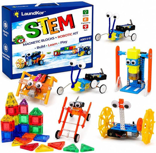 5 Robotic Kits in 1 STEM Building Set with 32 Magnetic Blocks, Build 6 Real Moving Robots, Engineering Construction Toy for Kids Ages 6-12, Educational STEM Gift for Boys & Girls