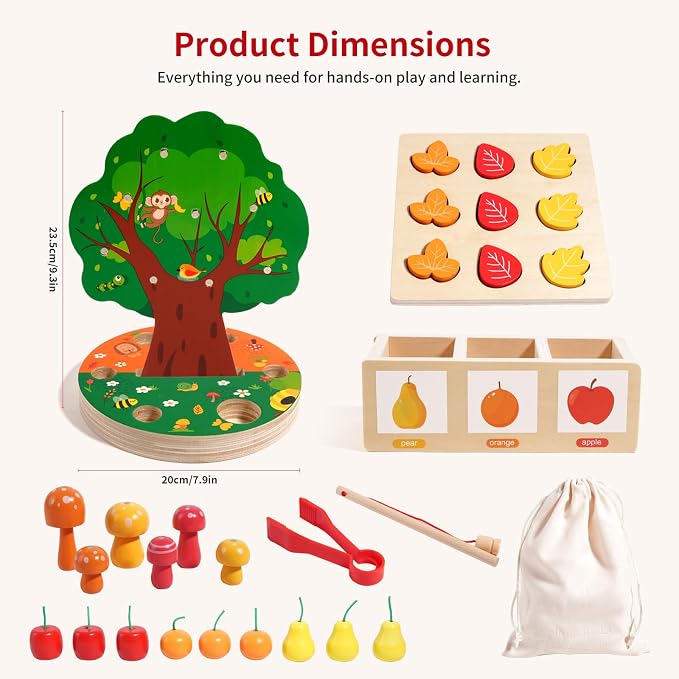INIFEIDALA Montessori Toys for 3 4 5 6 Year Old - Wooden Educational Toy for Toddlers,Shape Sorting Puzzle for Fine Motor Skills,Apple Picking Magnetic Tree Toy,Hand-Eye Coordination,Color Recognition