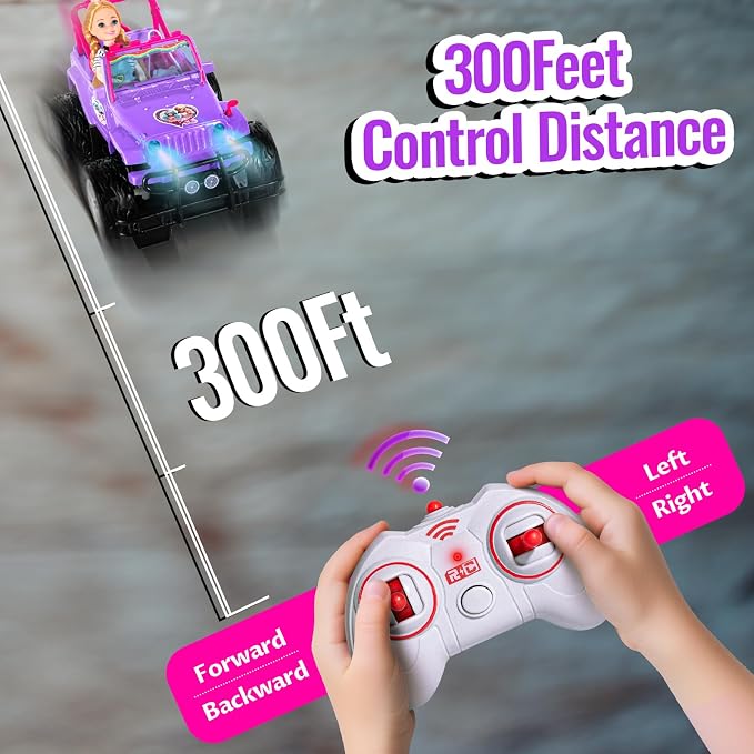 ULOVEME Purple Je ep Remote Control Car for Girls with 5.5" Doll & LED Lights, 2.4GHz Off-Road Trucks, 1:16 Scale Remote-Control Toy Car Holds 2 Dolls (Purple Car)