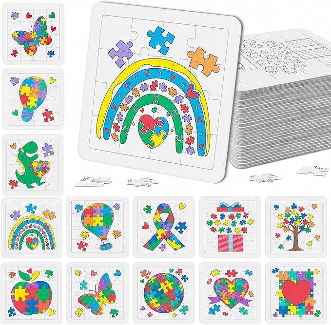 Cinrobiye 24-Pcs Autism Awareness Coloring Puzzle Kit Bulk Gifts – DIY Ribbon Puzzle Pieces with Color Pens for Teens & Adults, Autism Awareness Month Activities, School & Party Supplies