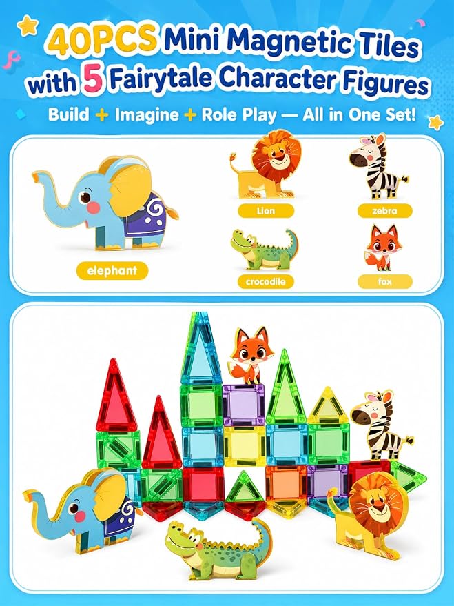 45PCS Mini Magnetic Tiles for Kids Ages 3-8, Travel Magnetic Building Blocks Set with 5 Animal Figures, STEM Toys for Boys Girls, Portable Tin Case, Lion Zebra Fox Elephant Crocodile